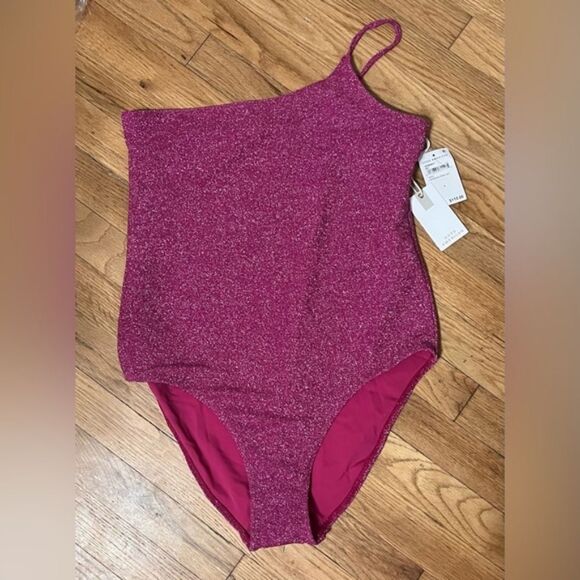 GOOD AMERICAN 90’s HOT SHOULDER ONE PIECE SWIMSUIT IN HAWAIIAN PINK NWT - Picture 3 of 5